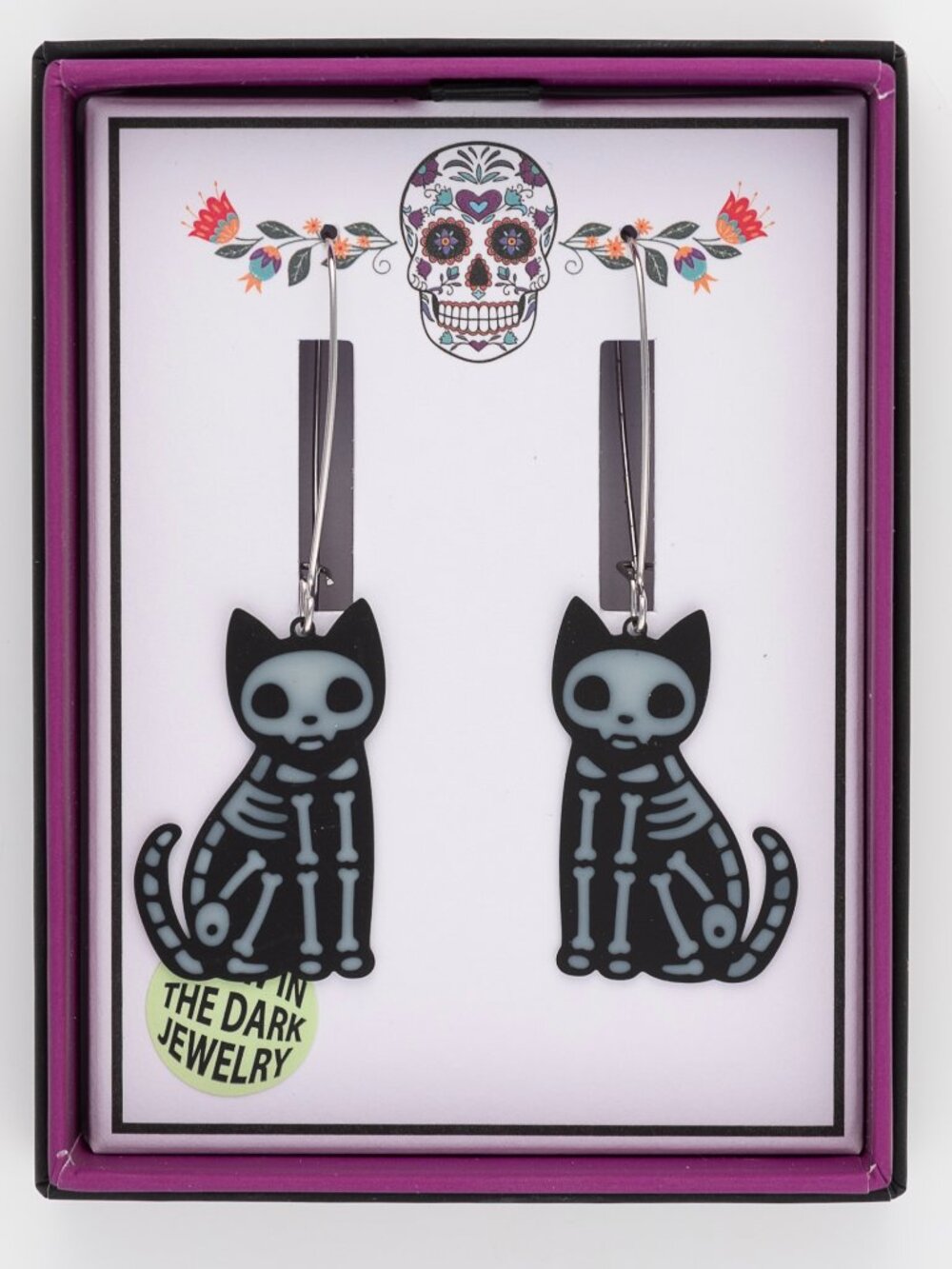 Bella Jack Boxed Skeleton Cat Glow in the Dark Earrings Goth Halloween